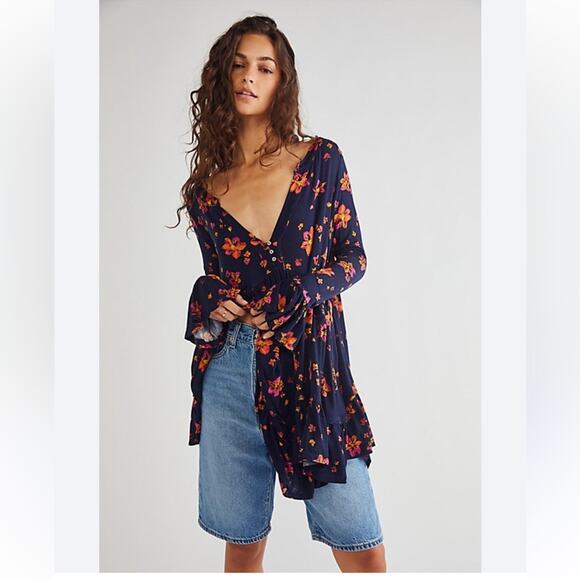 Free People NWT Olivia Printed Tunic Mini Dress navy floral Size large boho - Picture 1 of 8